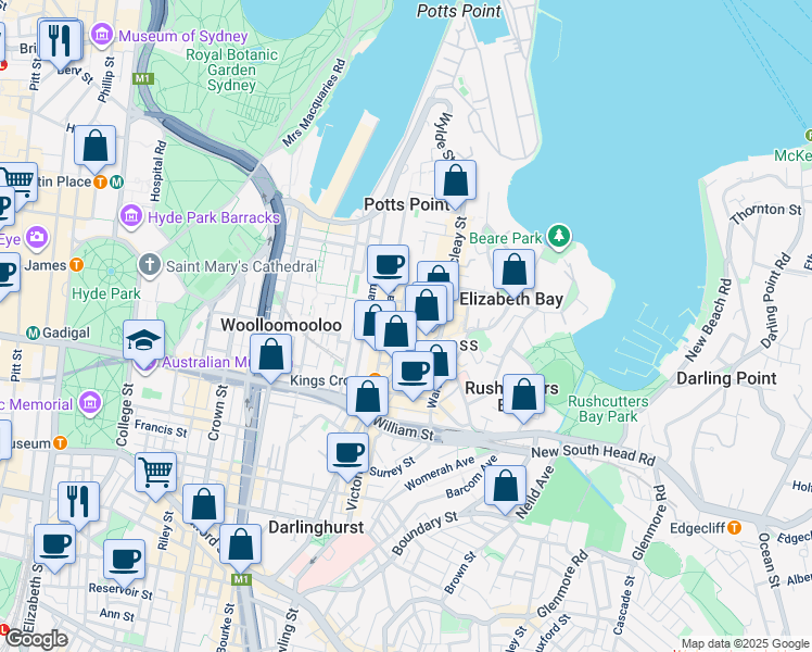 map of restaurants, bars, coffee shops, grocery stores, and more near 5 Springfield Avenue in Potts Point