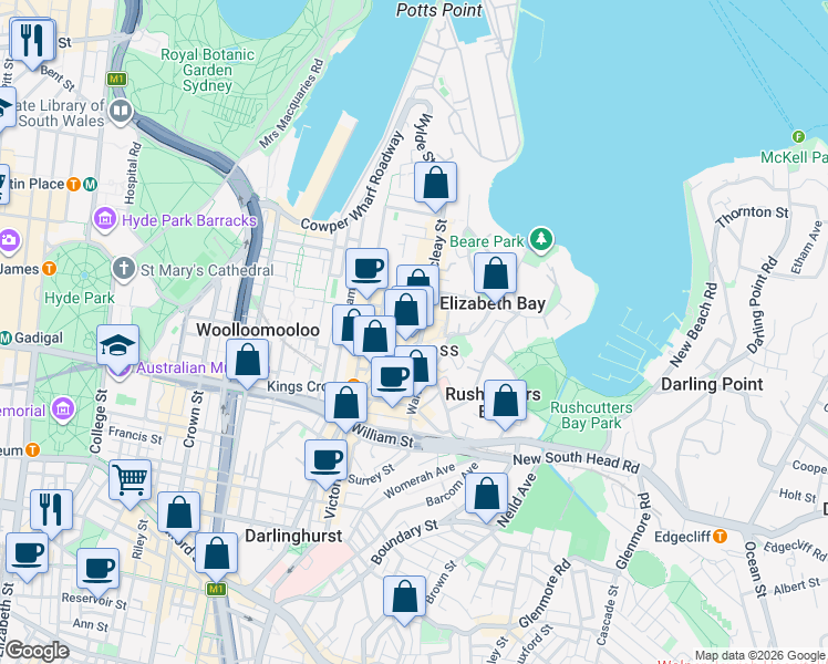 map of restaurants, bars, coffee shops, grocery stores, and more near 123 Macleay Street in Potts Point