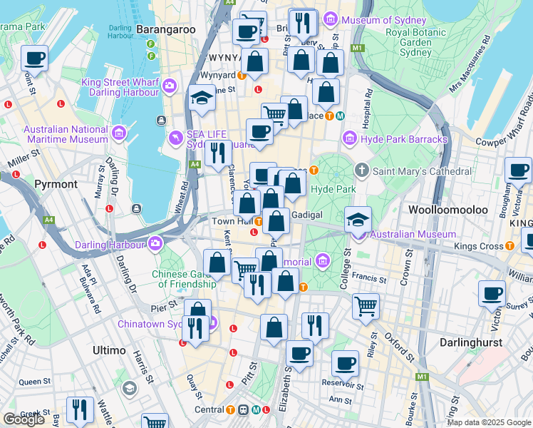 map of restaurants, bars, coffee shops, grocery stores, and more near 2 Park Street in Sydney
