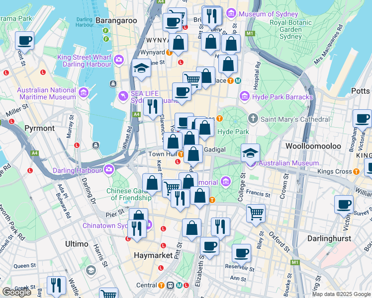 map of restaurants, bars, coffee shops, grocery stores, and more near 2 Park Street in Sydney