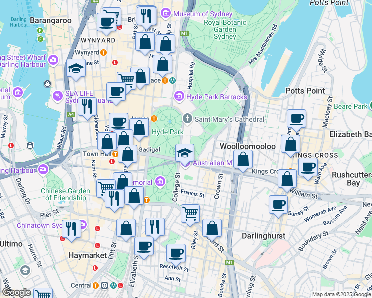 map of restaurants, bars, coffee shops, grocery stores, and more near 4 College Street in Sydney