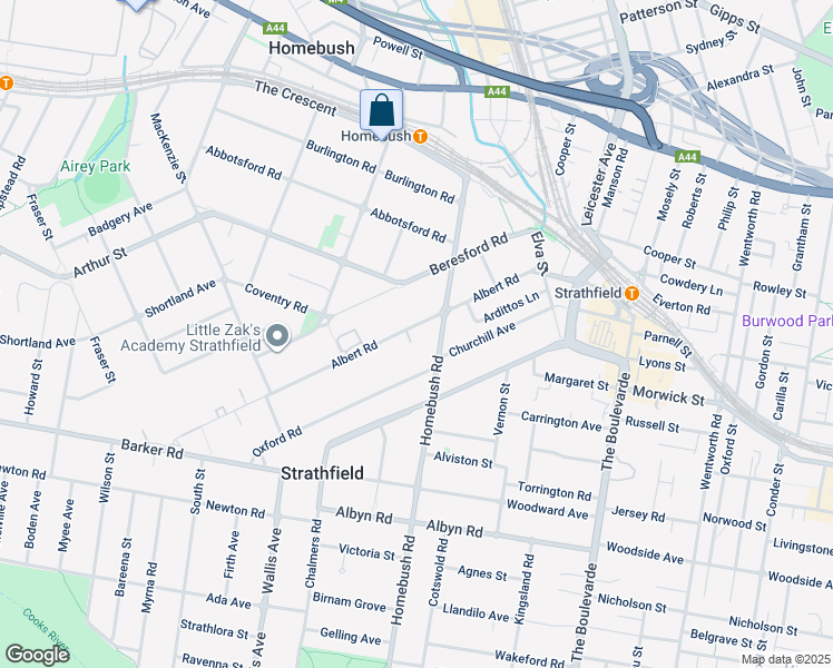map of restaurants, bars, coffee shops, grocery stores, and more near 112 Albert Road in Strathfield