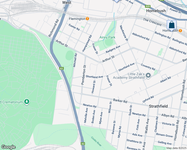 map of restaurants, bars, coffee shops, grocery stores, and more near 21 Howard Street in Strathfield