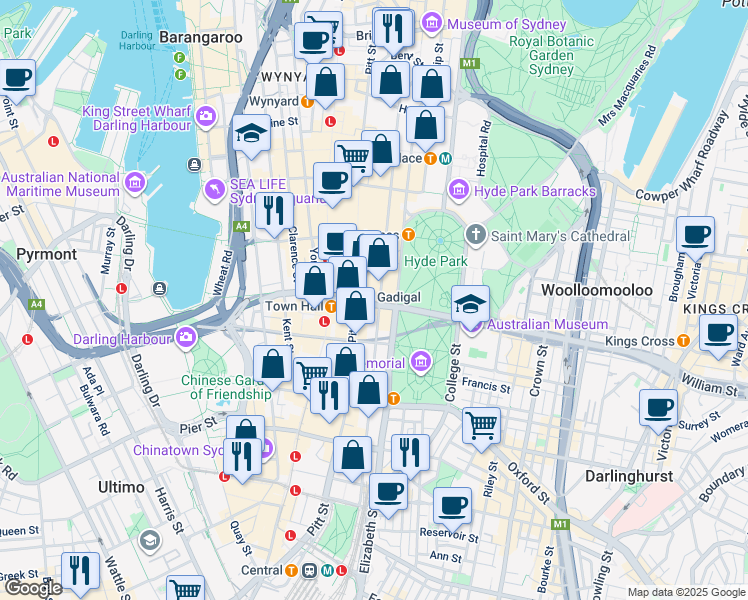 map of restaurants, bars, coffee shops, grocery stores, and more near 48-48A Park Street in Sydney