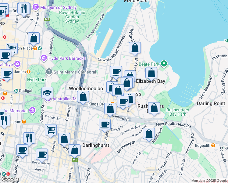 map of restaurants, bars, coffee shops, grocery stores, and more near 165 Victoria Street in Potts Point