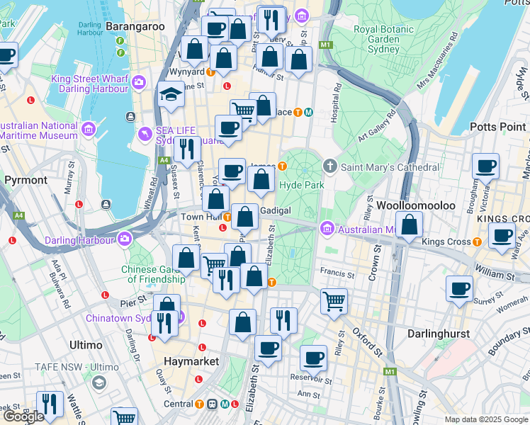 map of restaurants, bars, coffee shops, grocery stores, and more near 50 Park Street in Sydney