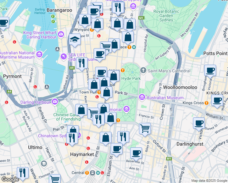 map of restaurants, bars, coffee shops, grocery stores, and more near 50 Park Street in Sydney