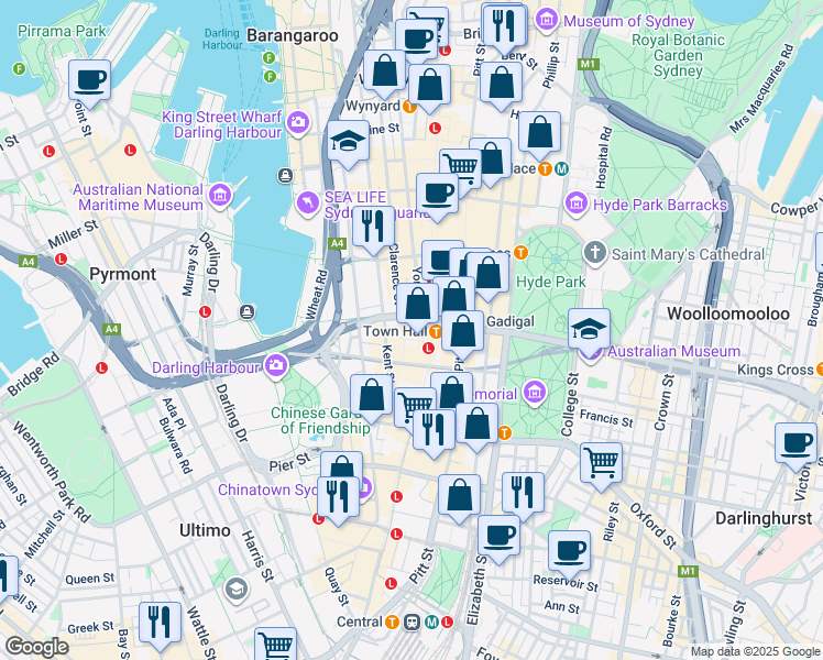 map of restaurants, bars, coffee shops, grocery stores, and more near 483 George Street in Sydney