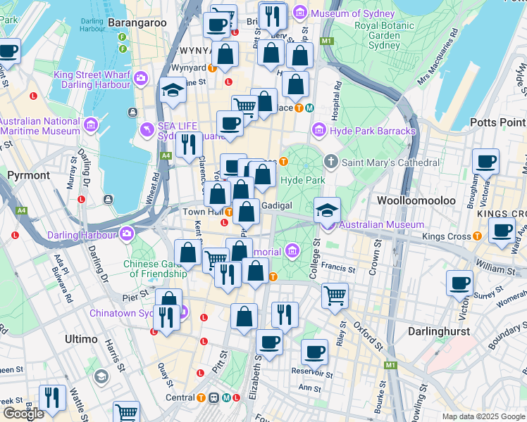 map of restaurants, bars, coffee shops, grocery stores, and more near 48-48A Park Street in Sydney