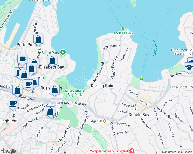 map of restaurants, bars, coffee shops, grocery stores, and more near New Beach Road in Darling Point