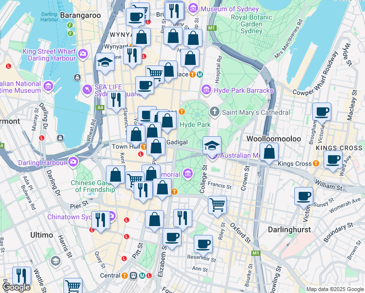 map of restaurants, bars, coffee shops, grocery stores, and more near 54 Park Street in Sydney