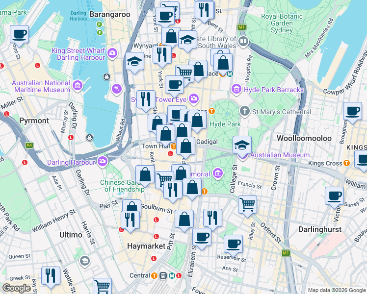 map of restaurants, bars, coffee shops, grocery stores, and more near 301 Pitt Street in Sydney