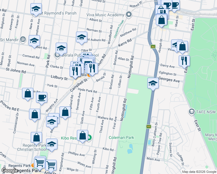 map of restaurants, bars, coffee shops, grocery stores, and more near 64 Brixton Road in Berala
