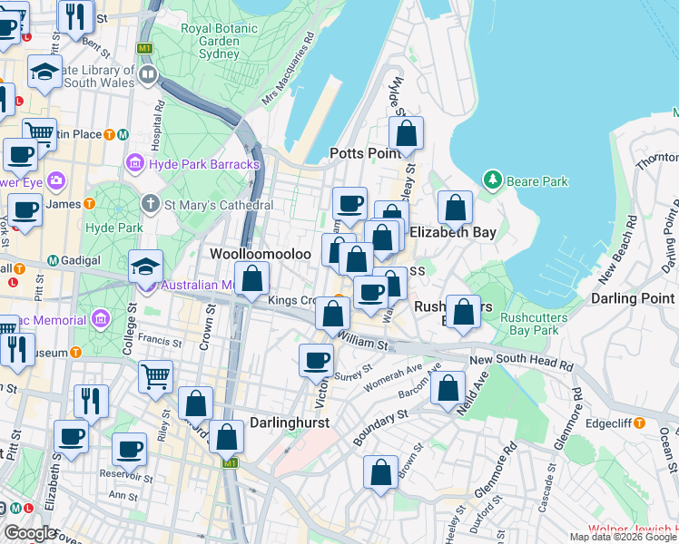 map of restaurants, bars, coffee shops, grocery stores, and more near 181 Victoria Street in Potts Point