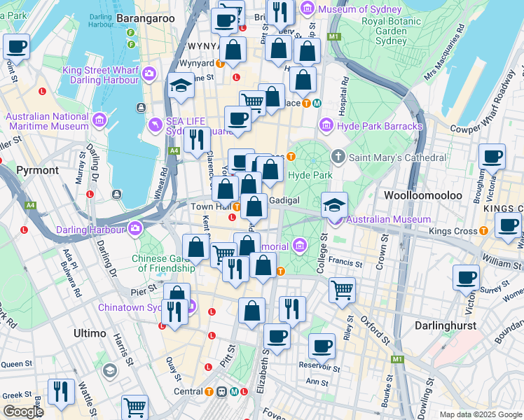 map of restaurants, bars, coffee shops, grocery stores, and more near 27 Park Street in Sydney