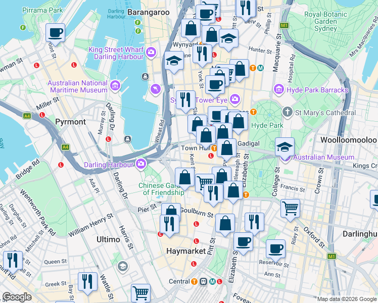 map of restaurants, bars, coffee shops, grocery stores, and more near 491 Kent Street in Sydney