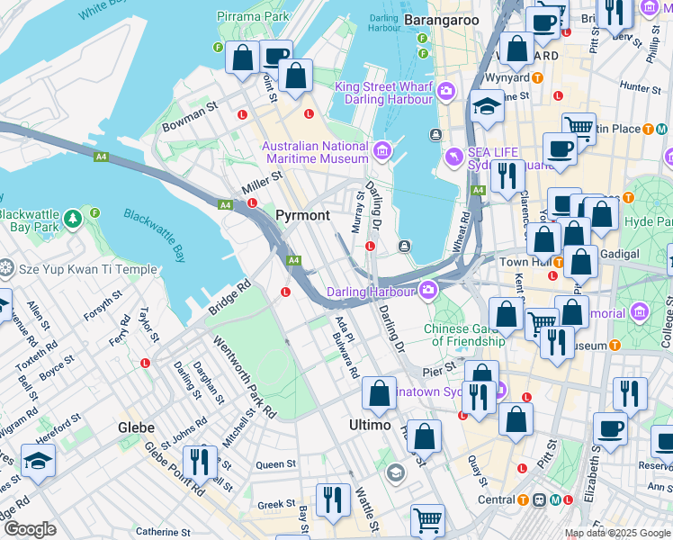 map of restaurants, bars, coffee shops, grocery stores, and more near 320 Harris Street in Pyrmont