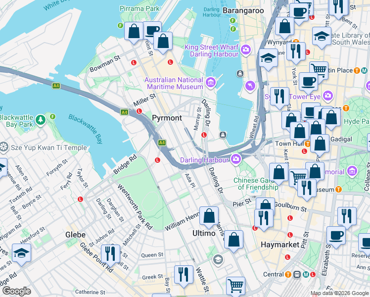 map of restaurants, bars, coffee shops, grocery stores, and more near 320 Harris Street in Pyrmont