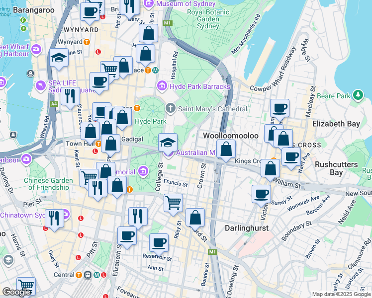 map of restaurants, bars, coffee shops, grocery stores, and more near 1 Boomerang Place in Woolloomooloo