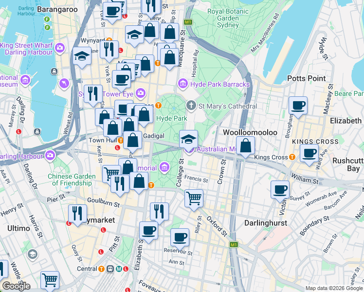 map of restaurants, bars, coffee shops, grocery stores, and more near College Street in Sydney
