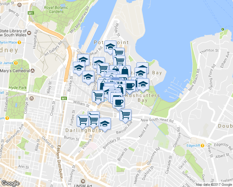 map of restaurants, bars, coffee shops, grocery stores, and more near 11 Ward Avenue in Potts Point