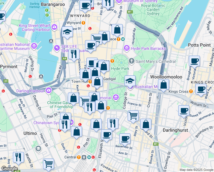map of restaurants, bars, coffee shops, grocery stores, and more near 201 Elizabeth Street in Sydney