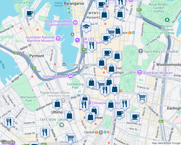 map of restaurants, bars, coffee shops, grocery stores, and more near 286 Sussex Street in Sydney
