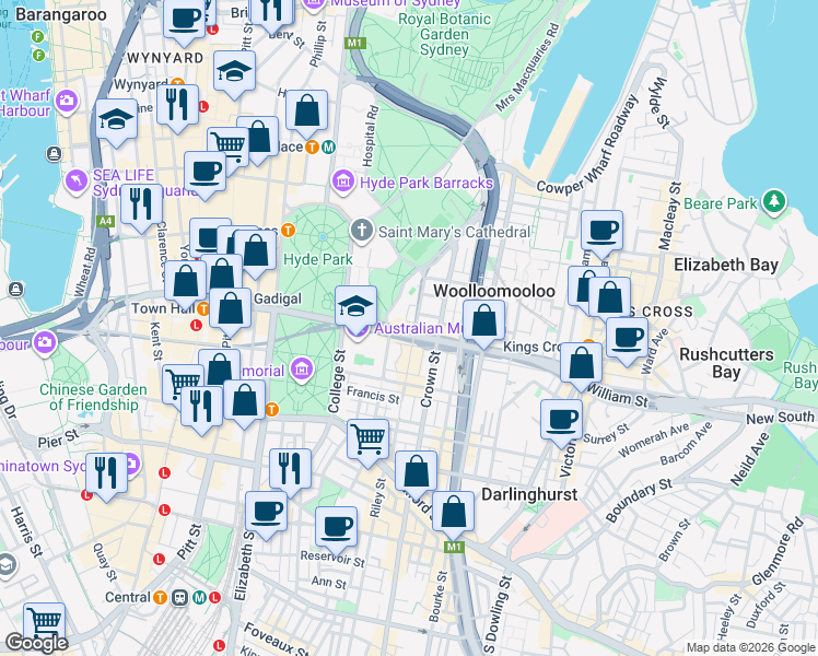 map of restaurants, bars, coffee shops, grocery stores, and more near 60 William Street in Woolloomooloo
