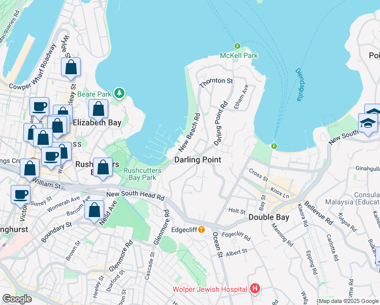 map of restaurants, bars, coffee shops, grocery stores, and more near 2 Annandale Street in Darling Point