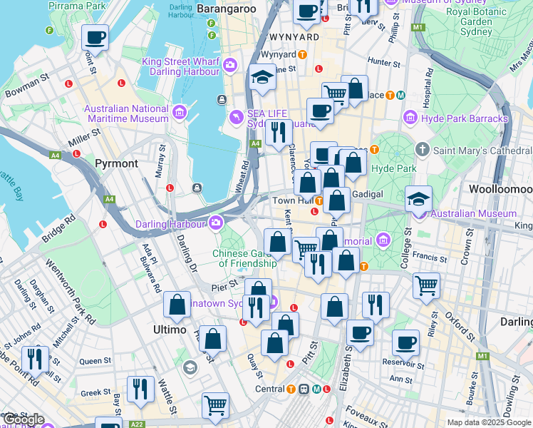 map of restaurants, bars, coffee shops, grocery stores, and more near 281 Sussex Street in Sydney