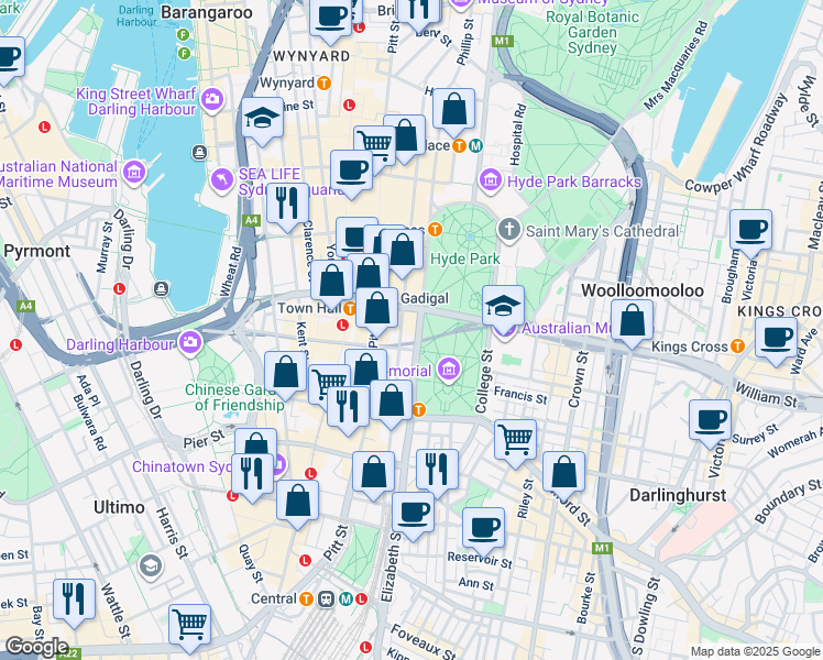 map of restaurants, bars, coffee shops, grocery stores, and more near 201 Elizabeth Street in Sydney