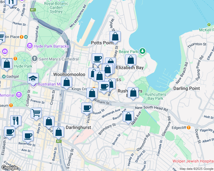 map of restaurants, bars, coffee shops, grocery stores, and more near 46 Kellett Street in Potts Point