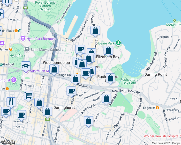 map of restaurants, bars, coffee shops, grocery stores, and more near 58 Kellett Street in Potts Point