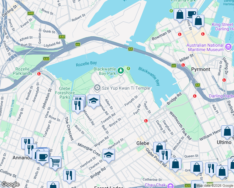 map of restaurants, bars, coffee shops, grocery stores, and more near 3 Cook Street in Glebe