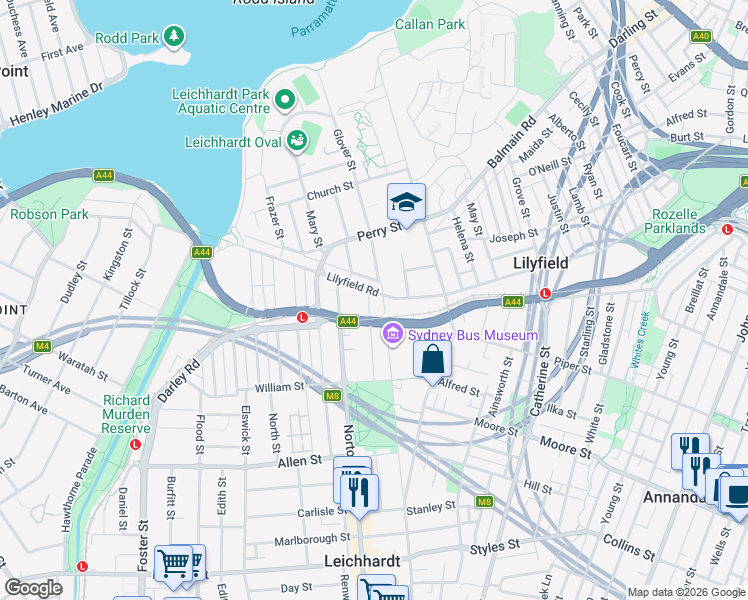 map of restaurants, bars, coffee shops, grocery stores, and more near 55 Henry Street in Lilyfield