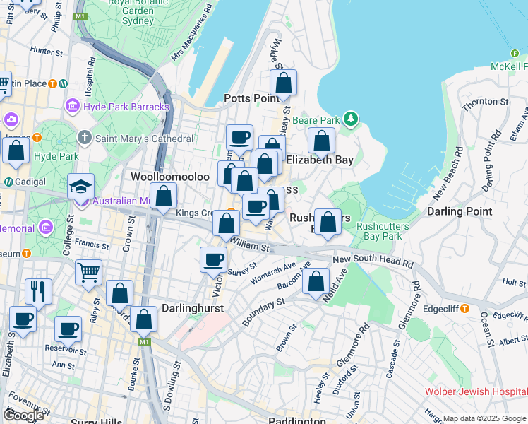 map of restaurants, bars, coffee shops, grocery stores, and more near 11 Kellett Street in Potts Point