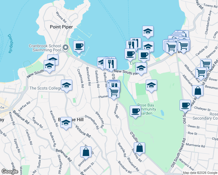 map of restaurants, bars, coffee shops, grocery stores, and more near 19 Balfour Road in Rose Bay