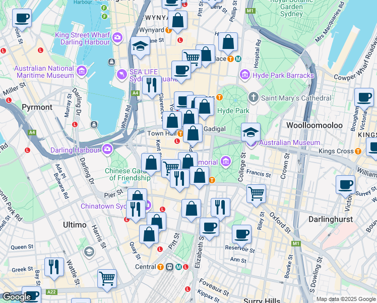 map of restaurants, bars, coffee shops, grocery stores, and more near 119 Bathurst Street in Sydney