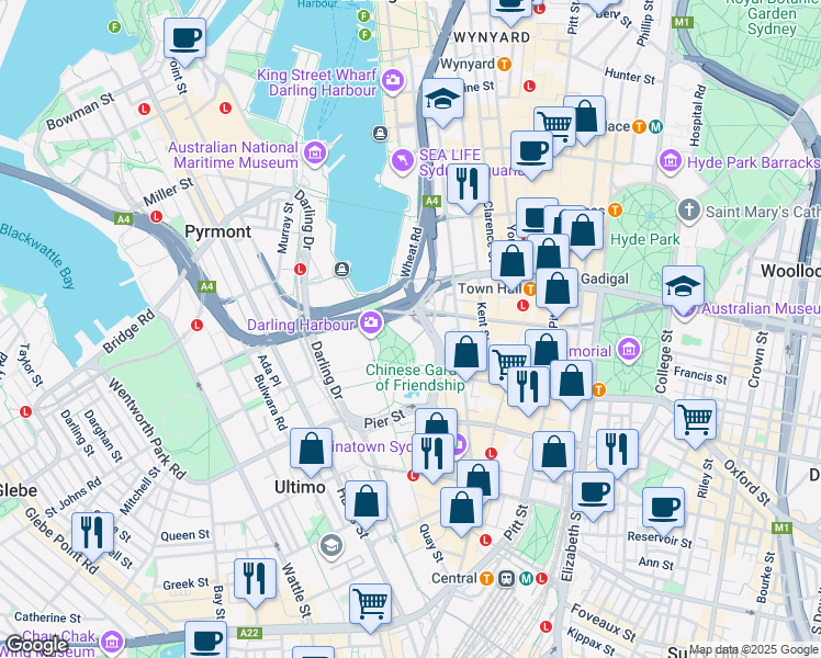 map of restaurants, bars, coffee shops, grocery stores, and more near 1 Harbour Street in Sydney