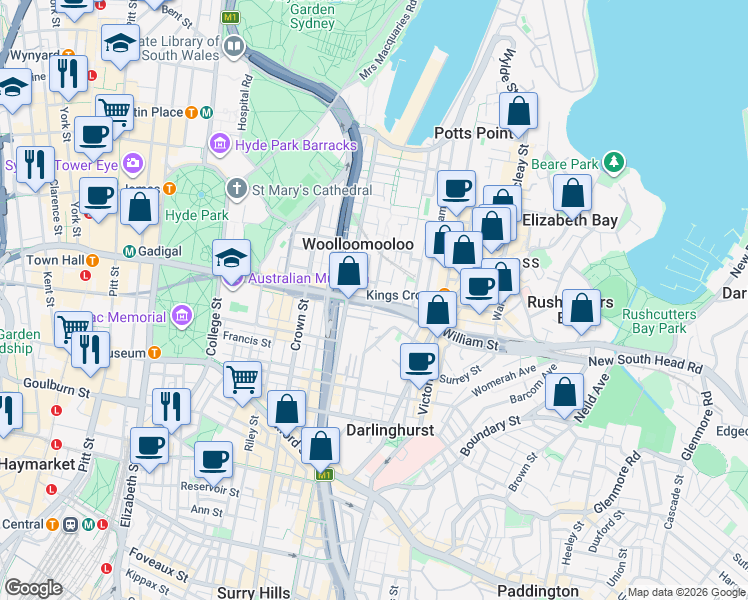 map of restaurants, bars, coffee shops, grocery stores, and more near Cross City Tunnel in Rushcutters Bay