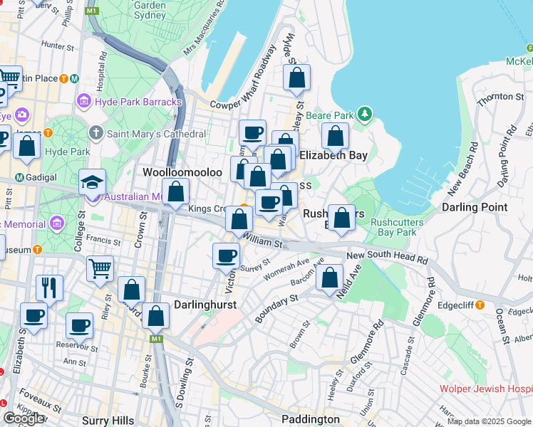 map of restaurants, bars, coffee shops, grocery stores, and more near 18 Bayswater Road in Potts Point