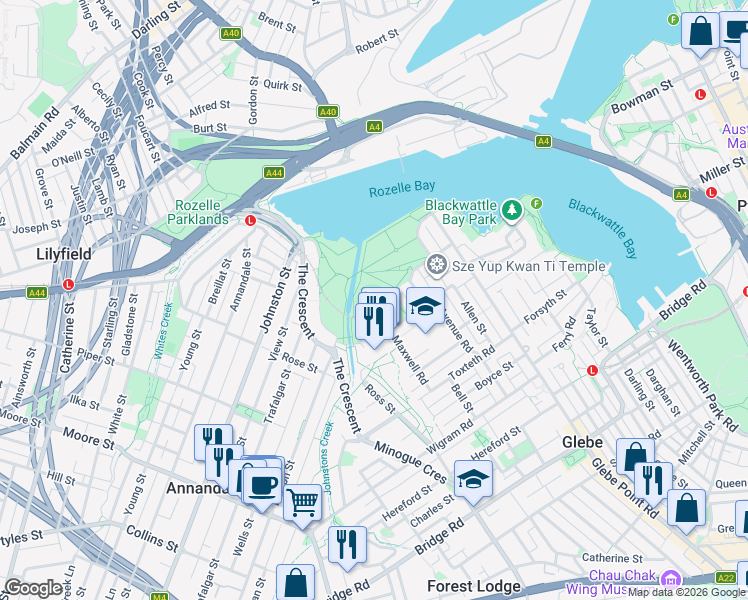 map of restaurants, bars, coffee shops, grocery stores, and more near 2 Northcote Road in Glebe