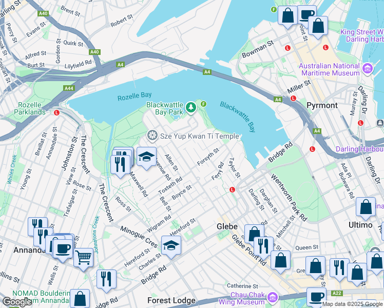 map of restaurants, bars, coffee shops, grocery stores, and more near 8 Avona Avenue in Glebe
