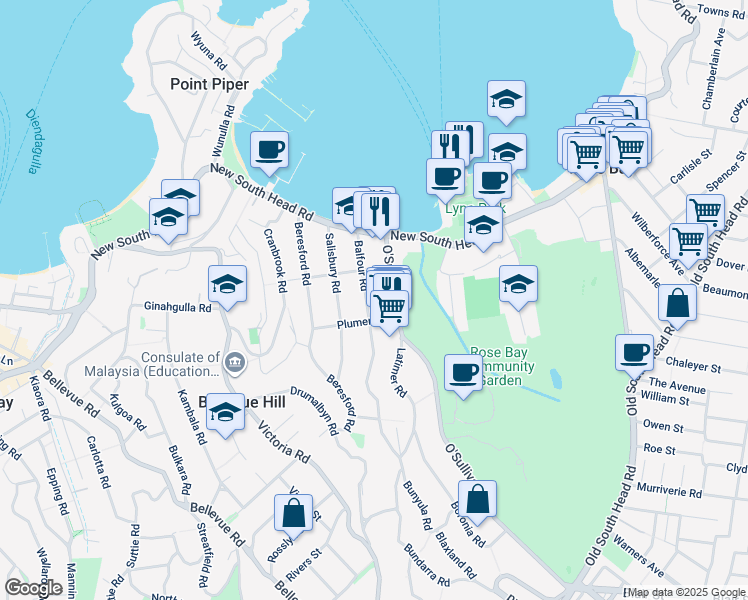 map of restaurants, bars, coffee shops, grocery stores, and more near 23 Balfour Road in Rose Bay
