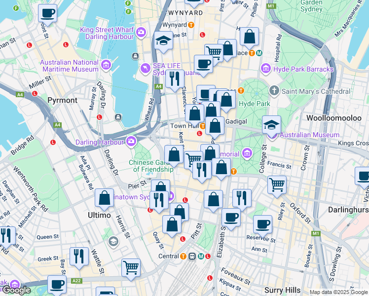 map of restaurants, bars, coffee shops, grocery stores, and more near 488 Kent Street in Sydney