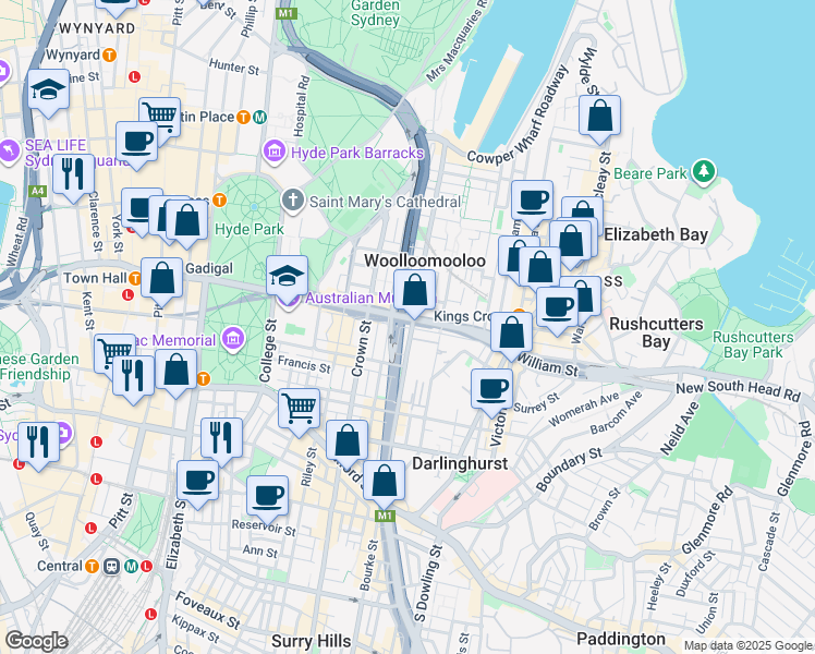 map of restaurants, bars, coffee shops, grocery stores, and more near 185A Bourke Street in Darlinghurst