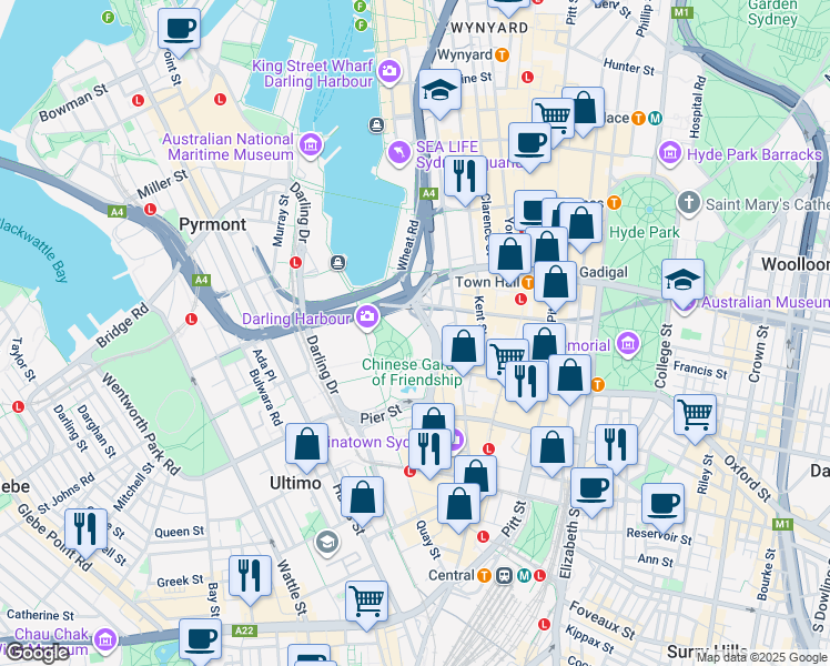 map of restaurants, bars, coffee shops, grocery stores, and more near 1-25 Harbour Street in Sydney