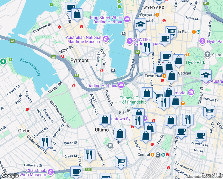 map of restaurants, bars, coffee shops, grocery stores, and more near 14 Darling Drive in Sydney