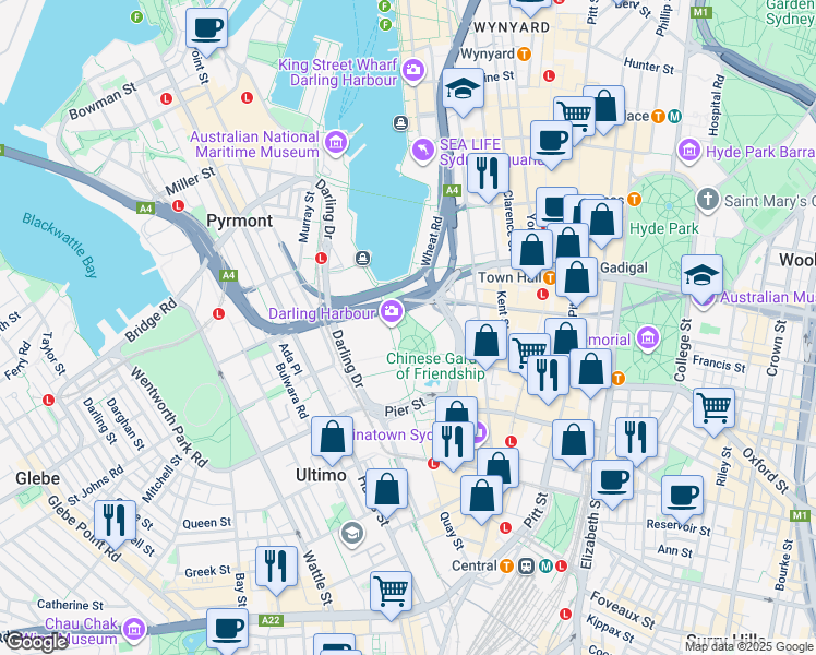 map of restaurants, bars, coffee shops, grocery stores, and more near 1-25 Harbour Street in Sydney
