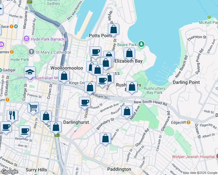 map of restaurants, bars, coffee shops, grocery stores, and more near 40 Bayswater Road in Rushcutters Bay